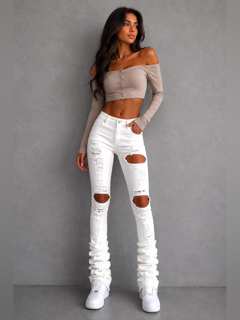Rockstar Original Size S Off-White Distressed Super Stacked Flare Jeans